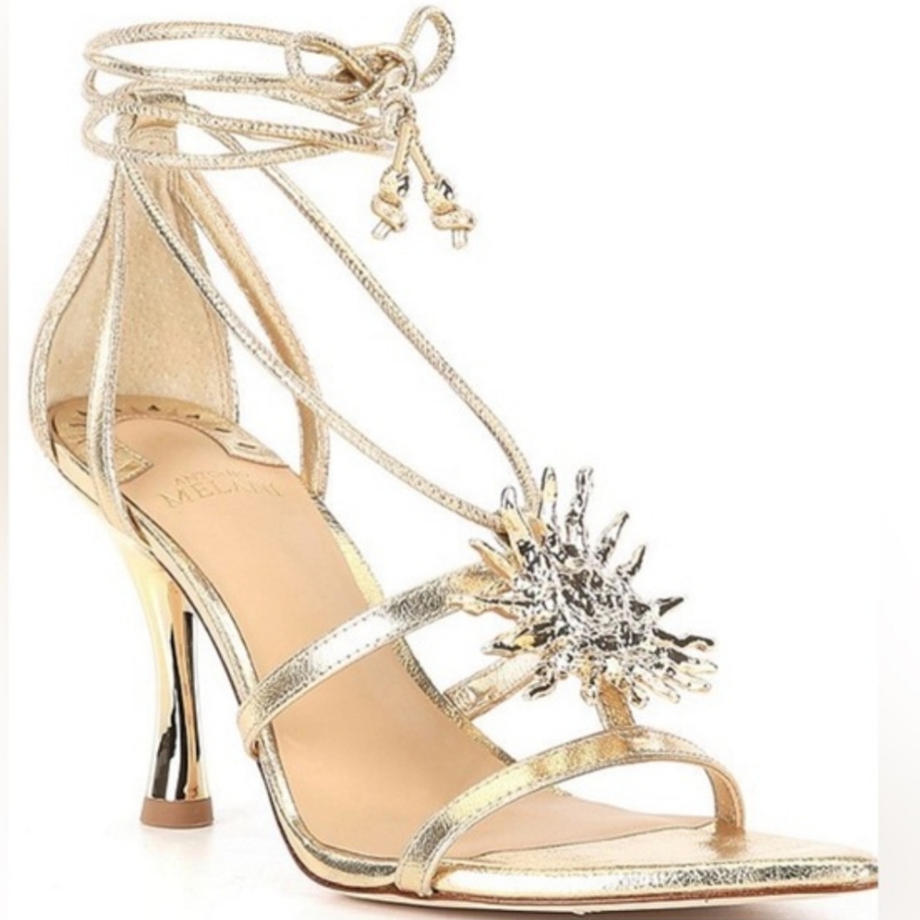 Antonio Melani Patrice Metallic Leather Sun Ornament Dress Sandals Sz 8.5